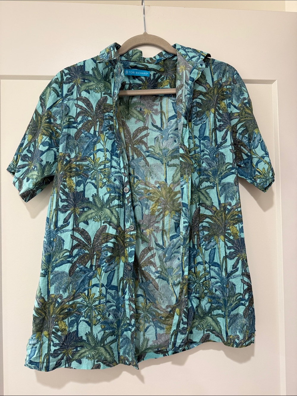 Tori Richard Aqua and Green Tropical Palm Short Sleeve Button-Up Shirt